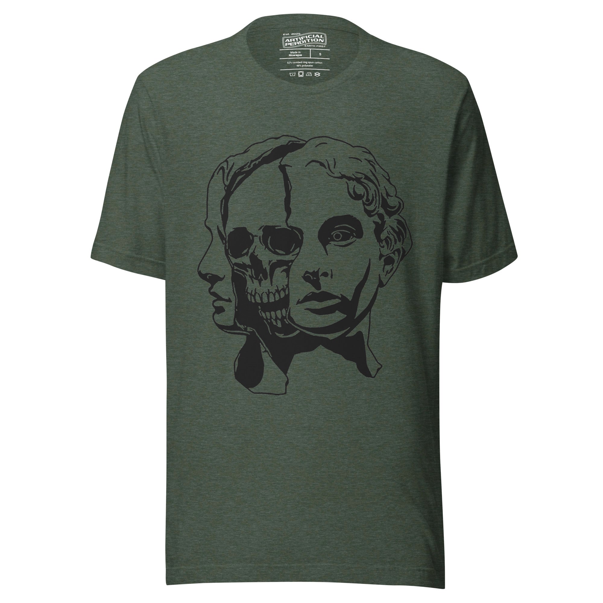Split face illustration, half classical sculpture bust and half skull, black and white high contrast, Dead Inside, Artificial Perdition apparel