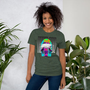 Blindfolded skull in thermal heat-map colors with bold chrome HOPELESS text, psychological horror design, Artificial Perdition apparel