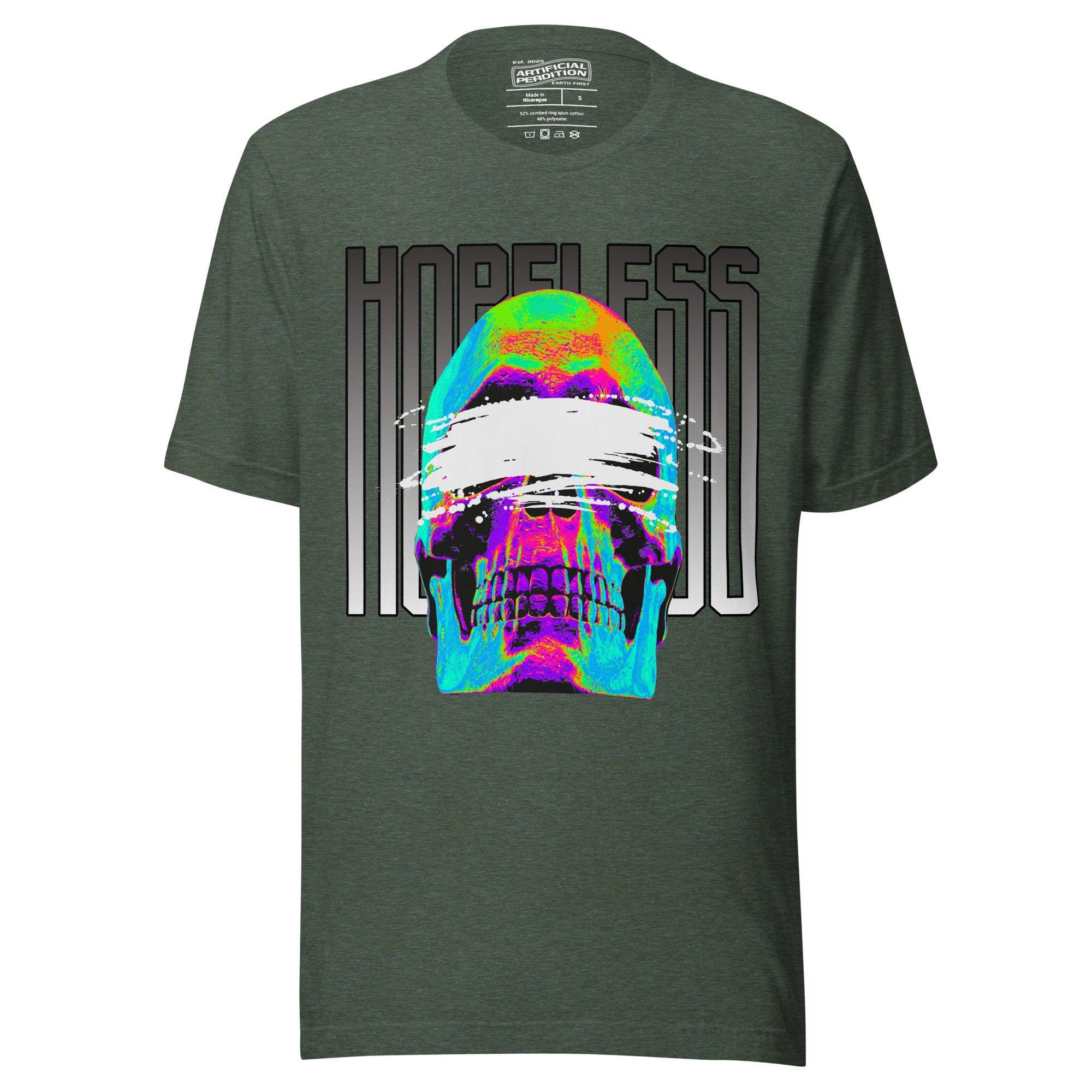 Blindfolded skull in thermal heat-map colors with bold chrome HOPELESS text, psychological horror design, Artificial Perdition apparel
