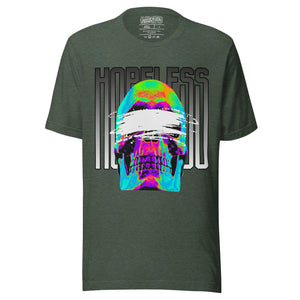 Blindfolded skull in thermal heat-map colors with bold chrome HOPELESS text, psychological horror design, Artificial Perdition apparel