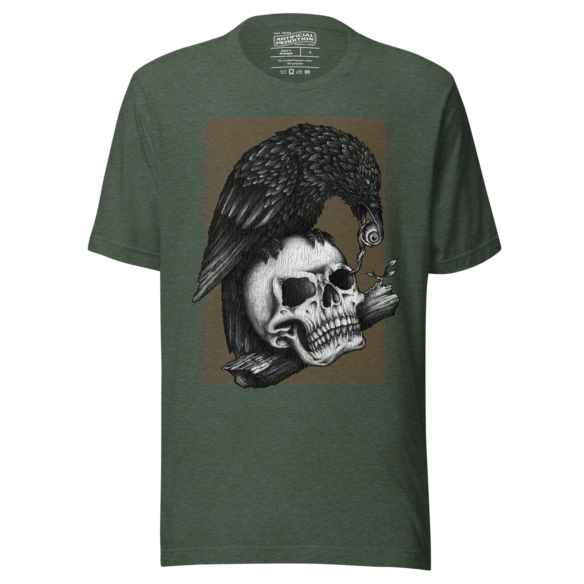 Graphite illustration of a black corvid perched on a human skull removing the eye, sprouting branch beside it, Last Look, Artificial Perdition apparel