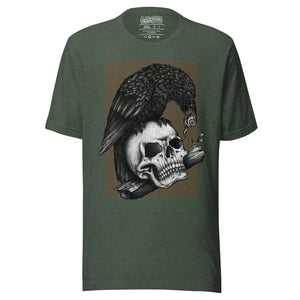 Graphite illustration of a black corvid perched on a human skull removing the eye, sprouting branch beside it, Last Look, Artificial Perdition apparel