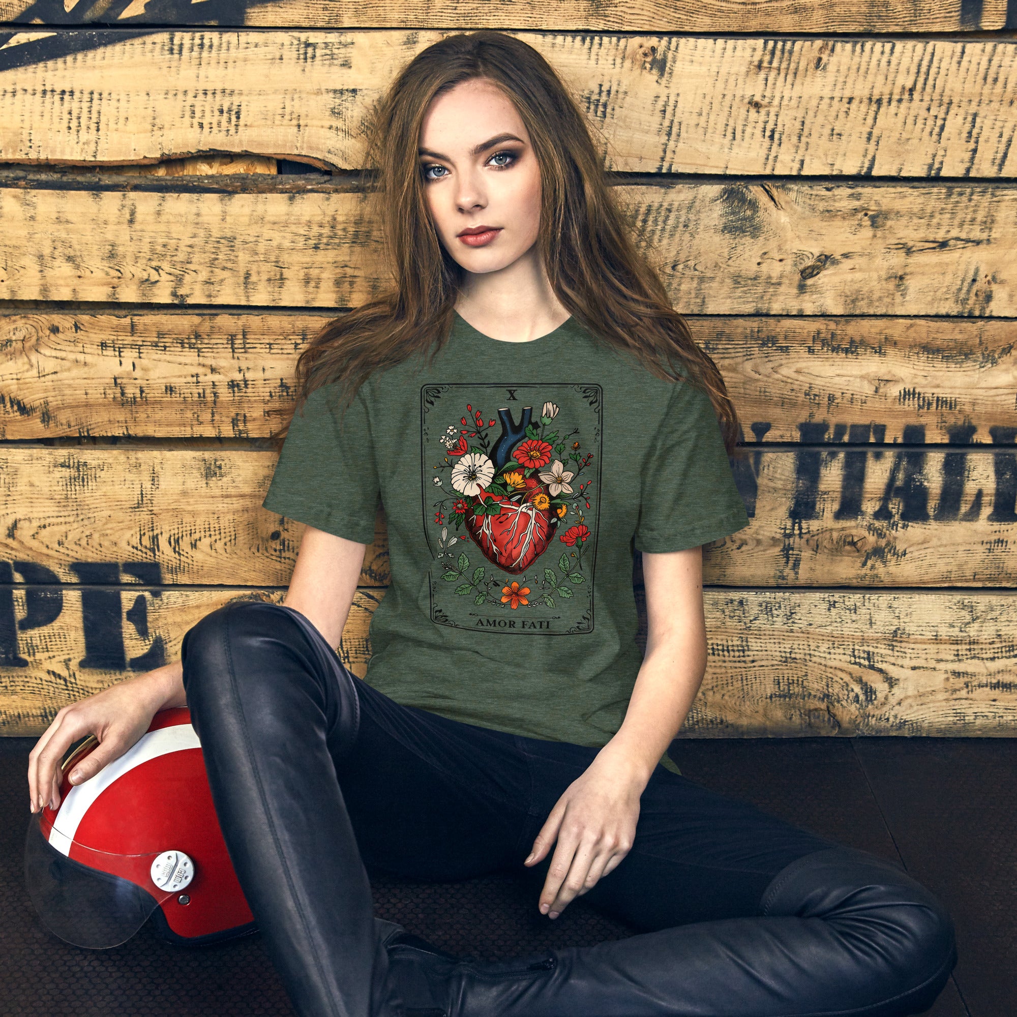 Tarot card illustration numbered X with an anatomical heart in bloom surrounded by wildflowers and vines, Amor Fati, Artificial Perdition apparel