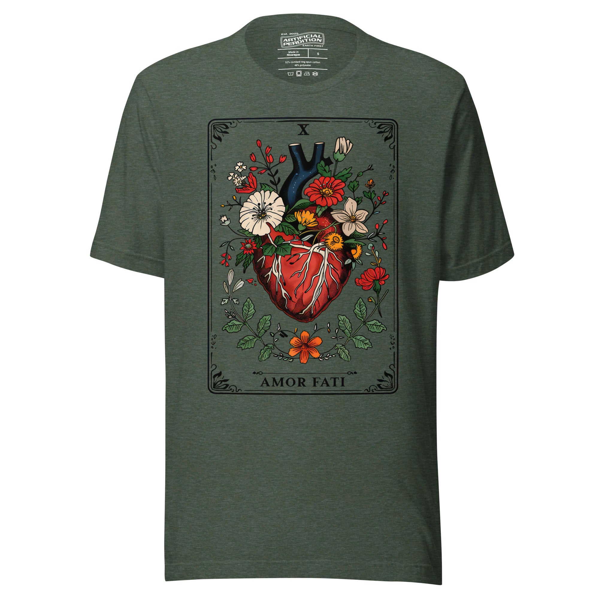 Tarot card illustration numbered X with an anatomical heart in bloom surrounded by wildflowers and vines, Amor Fati, Artificial Perdition apparel