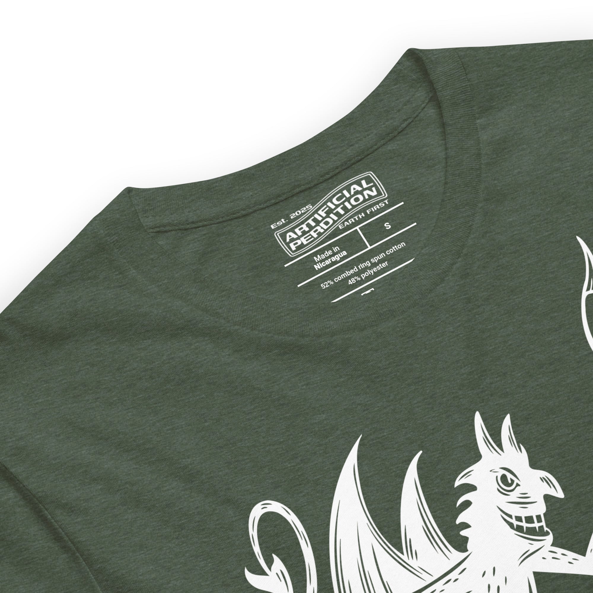 Artificial Perdition devil mascot, red illustrated devil mid-stride with trident and brand name, hand-drawn style on black, official logo tee