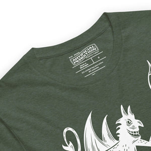 Artificial Perdition devil mascot, red illustrated devil mid-stride with trident and brand name, hand-drawn style on black, official logo tee
