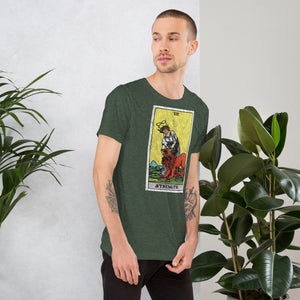 Card eight. The lion is already subdued, led by a chain of flowers. Strength is the quiet kind — fortitude, not force. Rider-Waite tarot apparel.