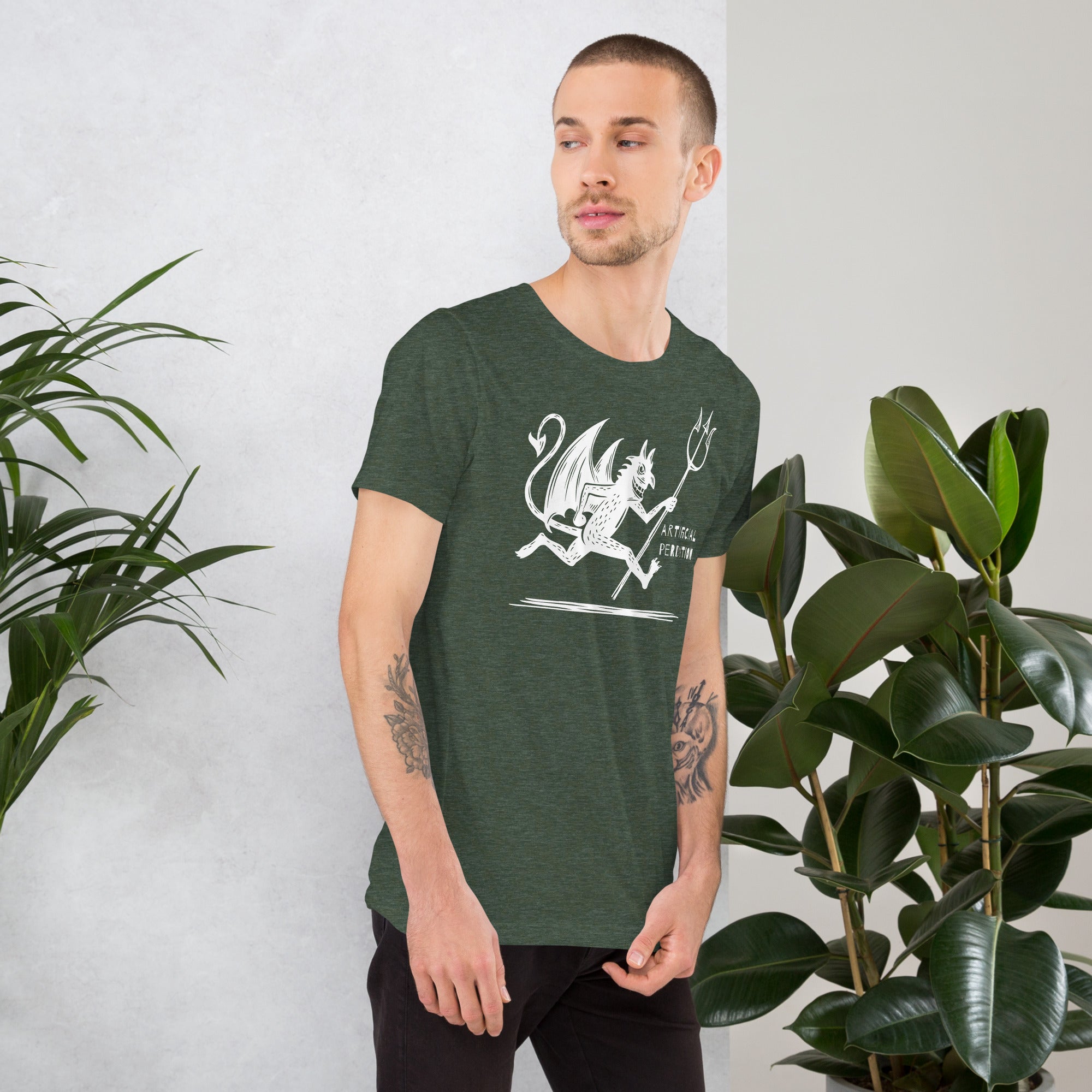 Artificial Perdition devil mascot, red illustrated devil mid-stride with trident and brand name, hand-drawn style on black, official logo tee