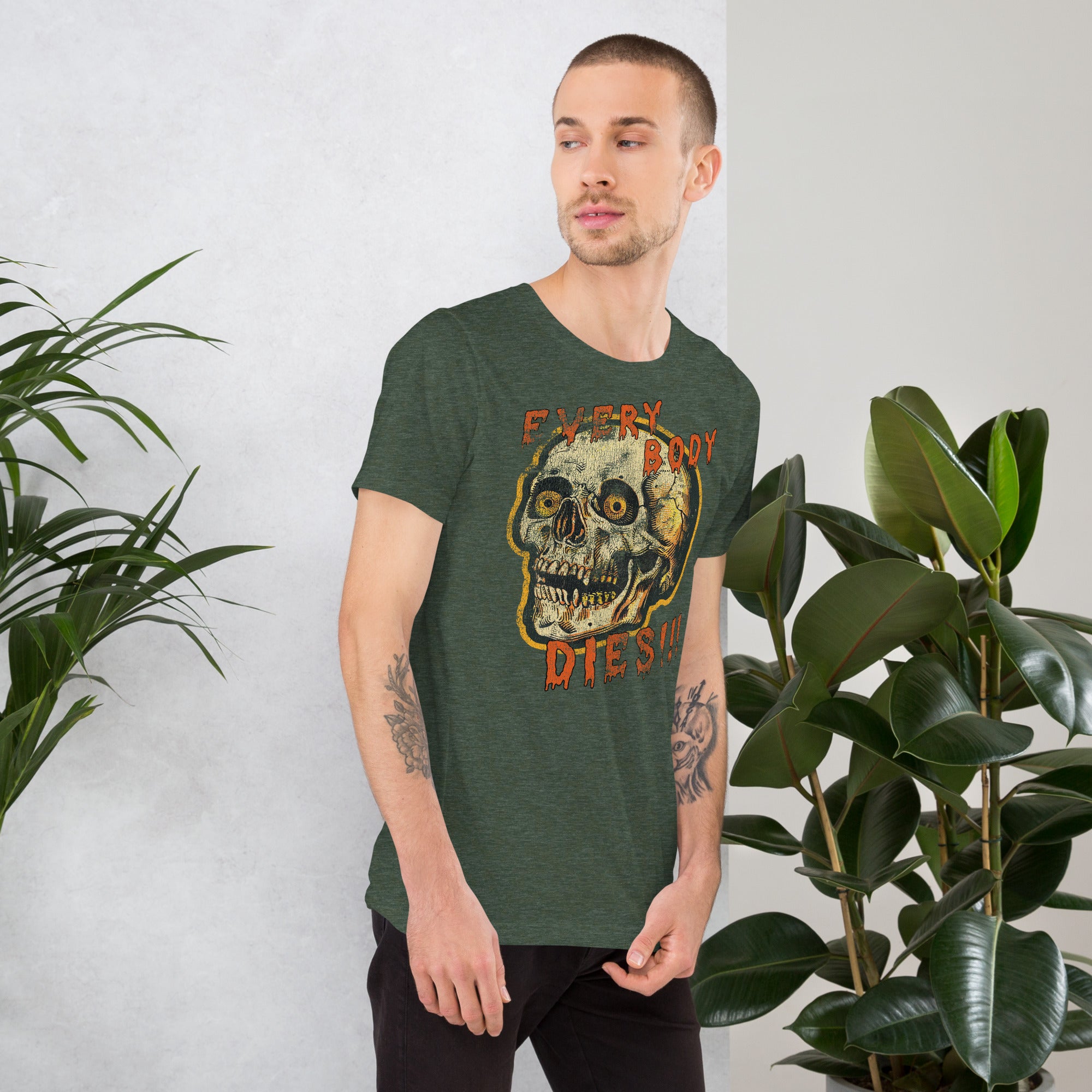 Die-cut skull with amber eyes and dripping orange horror font reading EVERY BODY DIES, vintage pulp style, Artificial Perdition apparel
