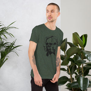 Split face illustration, half classical sculpture bust and half skull, black and white high contrast, Dead Inside, Artificial Perdition apparel