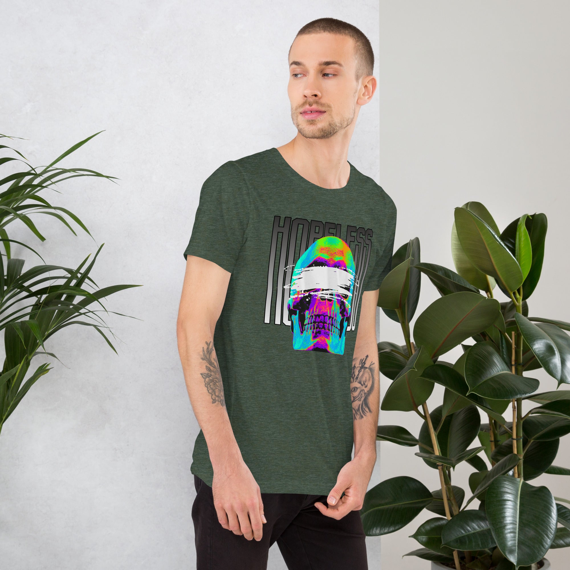 Blindfolded skull in thermal heat-map colors with bold chrome HOPELESS text, psychological horror design, Artificial Perdition apparel