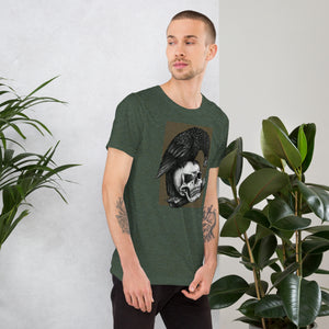Graphite illustration of a black corvid perched on a human skull removing the eye, sprouting branch beside it, Last Look, Artificial Perdition apparel
