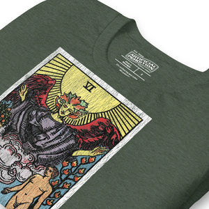 The Lovers tarot card, unveiled man and woman beneath winged figure with Tree of Life and serpent-wrapped Tree of Knowledge, Rider-Waite style, Artificial Perdition