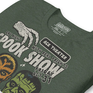 Vintage spook show poster style back print with three classic monster faces and Midnight Spook Show text, retro Halloween design, Artificial Perdition apparel