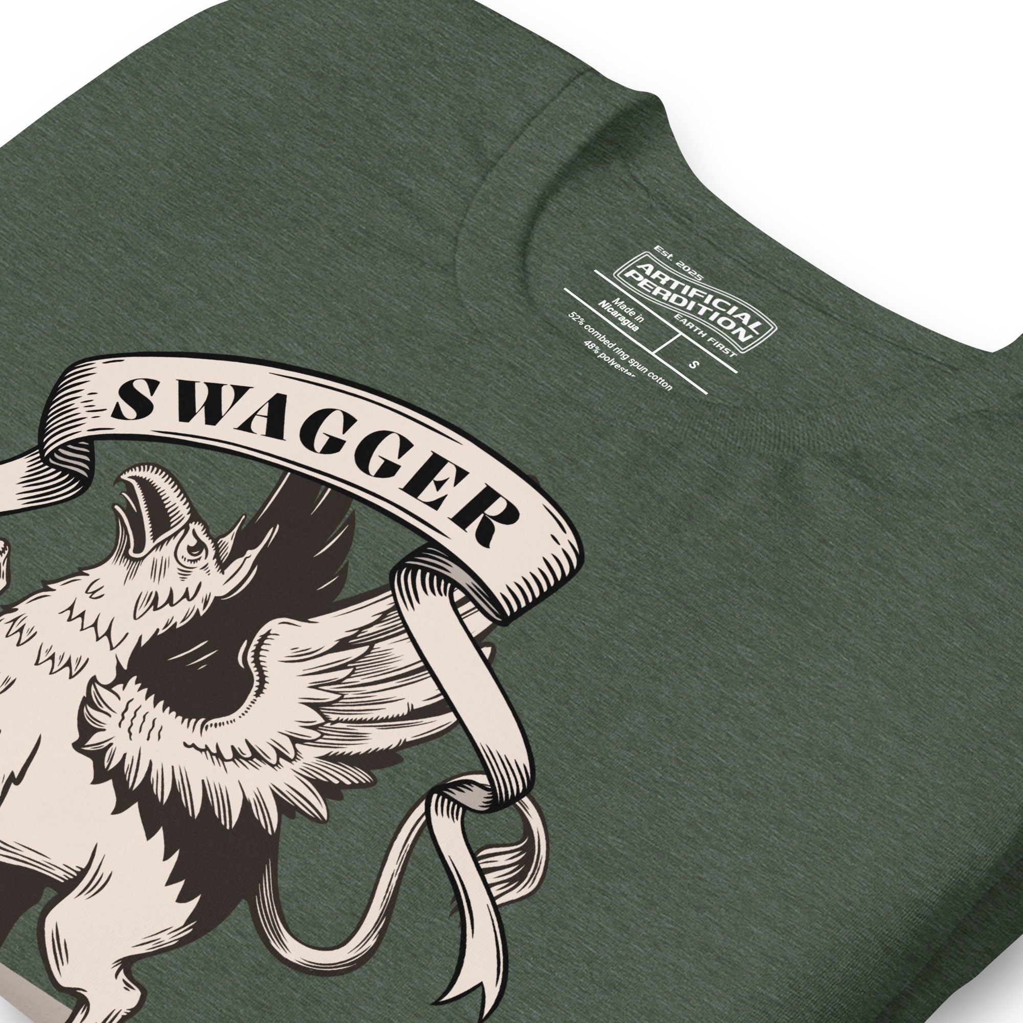 Rampant griffin in heraldic engraving style with Swagger banner ribbon, cream and black illustration, Artificial Perdition apparel
