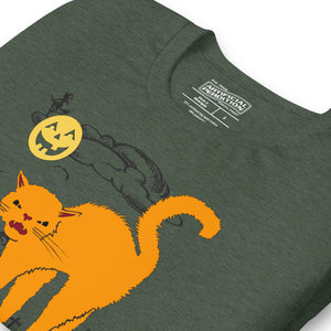 Orange arched Halloween cat hissing in graveyard scene with jack-o-lantern moon and bats, vintage poster style, Hissy Halloween, Artificial Perdition apparel