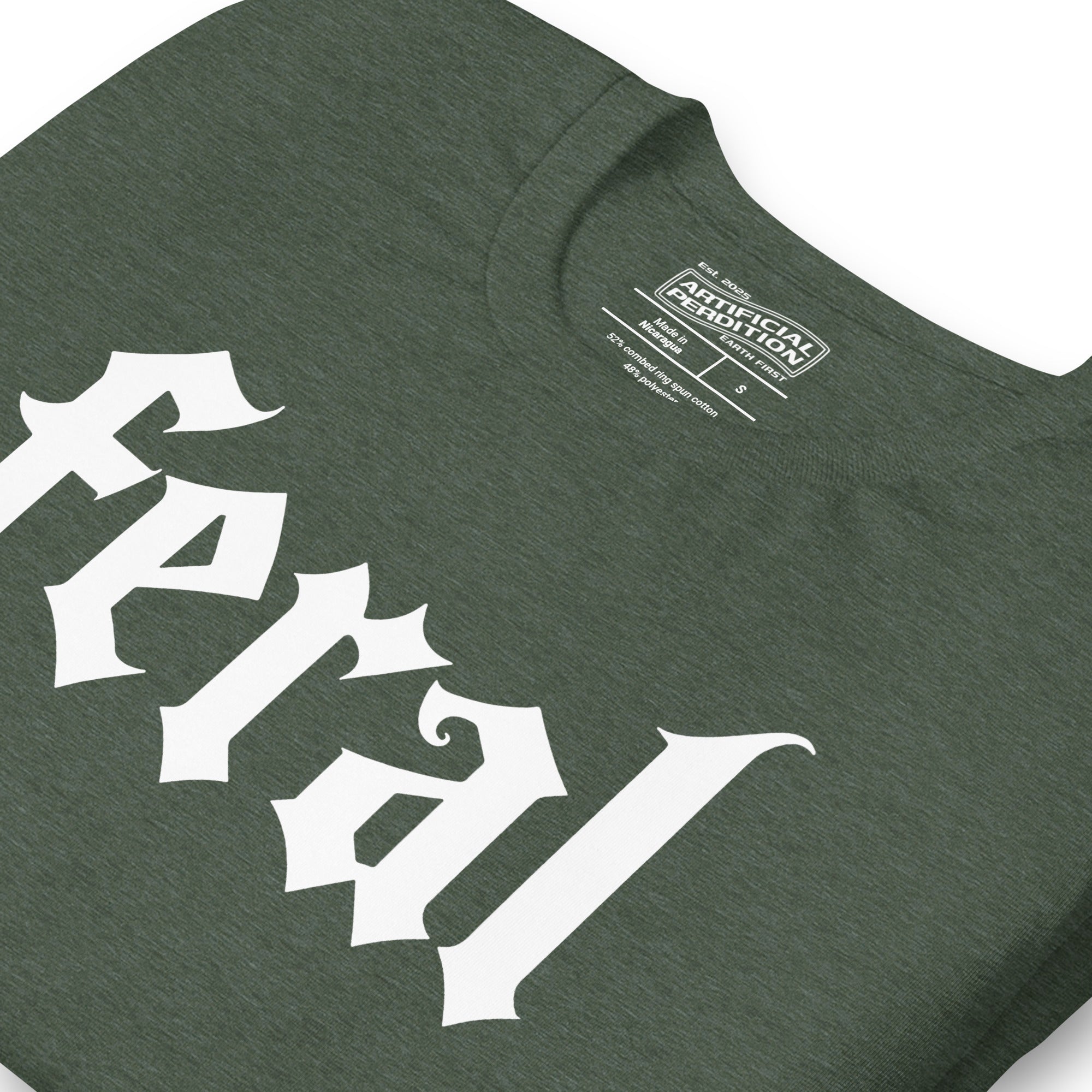 Feral in white blackletter font on dark heather grey t-shirt, bold single word graphic design, Artificial Perdition apparel
