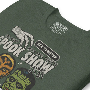 Vintage spook show poster front print with three classic monster faces, Ace Theater and Monster Mania text, distressed style on black, Artificial Perdition apparel