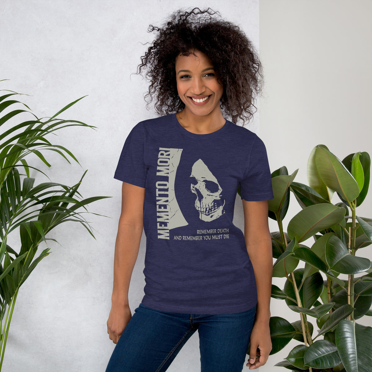 Cracked skull illustration in tombstone grey with vertical Memento Mori text and Remember Death translation, Artificial Perdition apparel