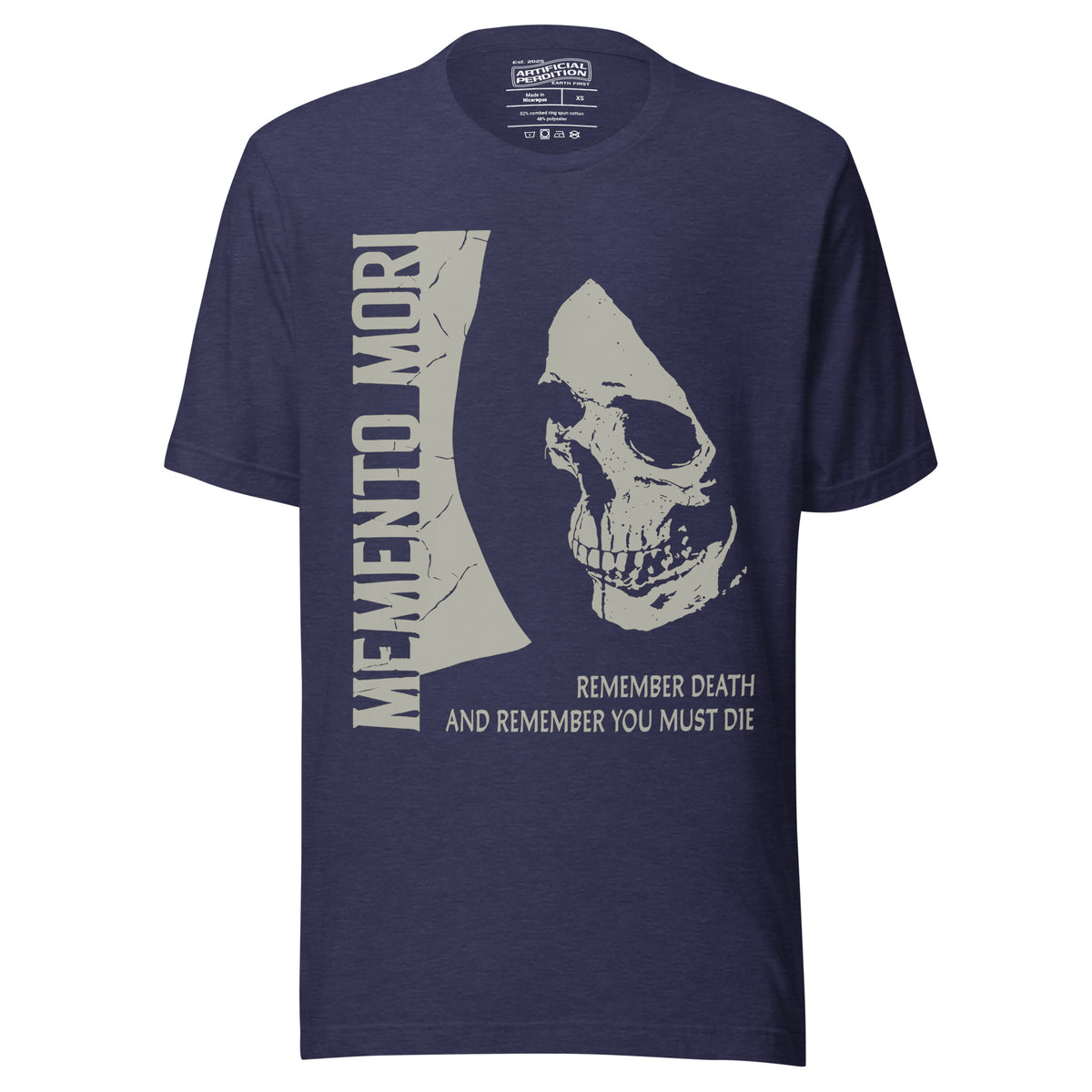 Cracked skull illustration in tombstone grey with vertical Memento Mori text and Remember Death translation, Artificial Perdition apparel