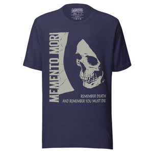 Cracked skull illustration in tombstone grey with vertical Memento Mori text and Remember Death translation, Artificial Perdition apparel