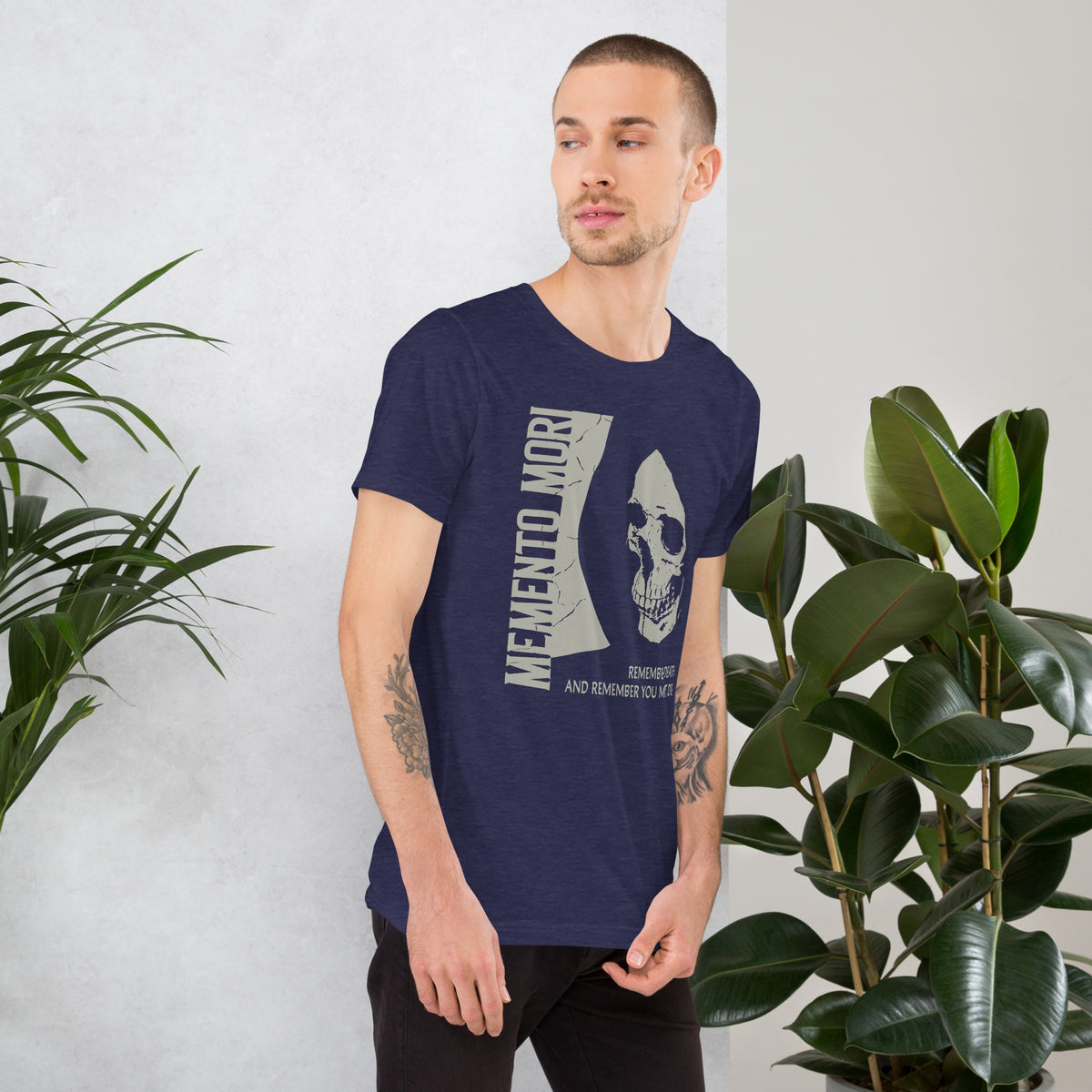 Cracked skull illustration in tombstone grey with vertical Memento Mori text and Remember Death translation, Artificial Perdition apparel