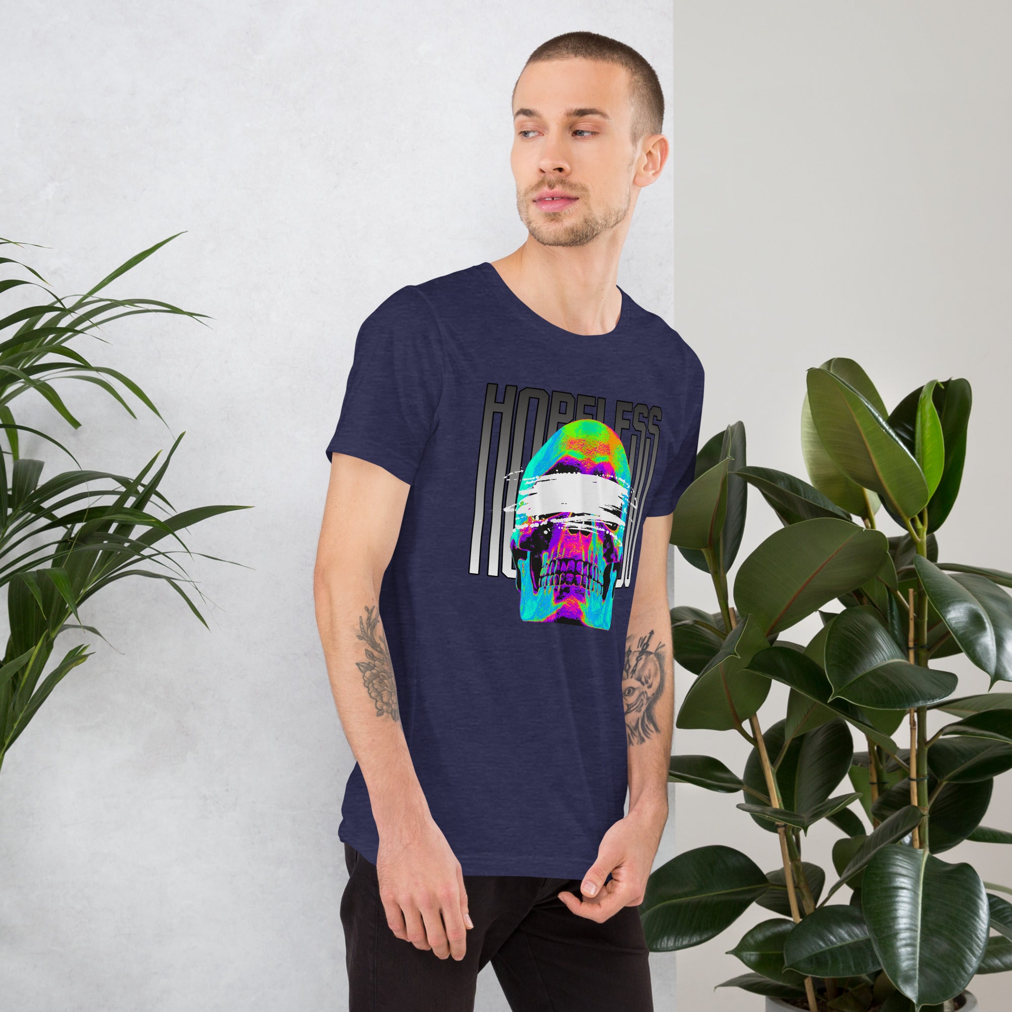 Blindfolded skull in thermal heat-map colors with bold chrome HOPELESS text, psychological horror design, Artificial Perdition apparel