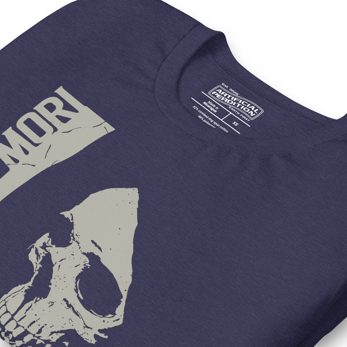Cracked skull illustration in tombstone grey with vertical Memento Mori text and Remember Death translation, Artificial Perdition apparel