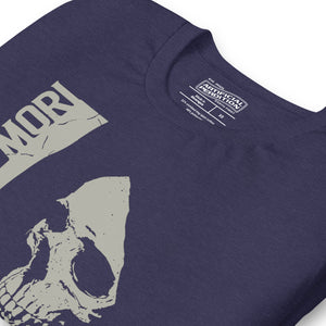 Cracked skull illustration in tombstone grey with vertical Memento Mori text and Remember Death translation, Artificial Perdition apparel