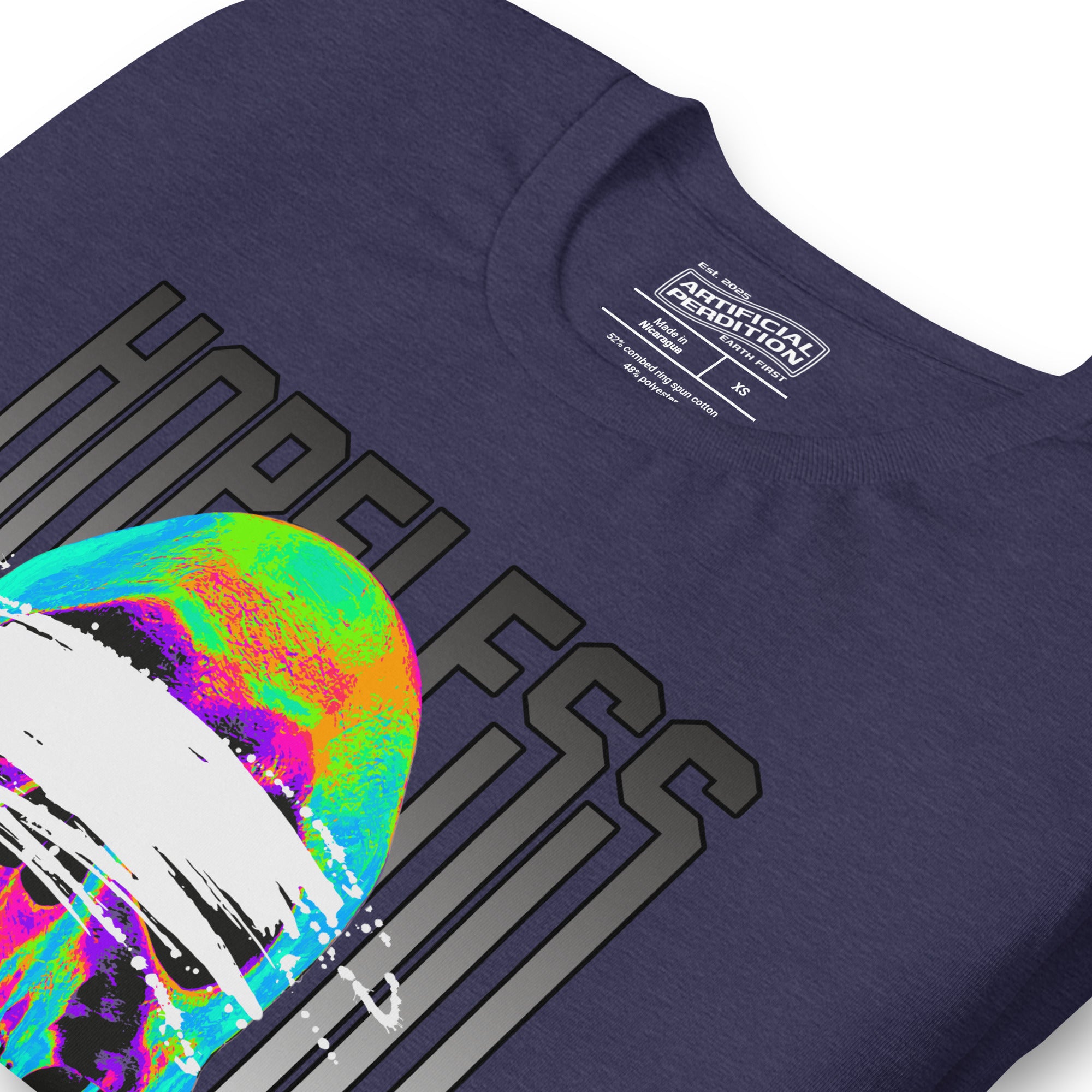 Blindfolded skull in thermal heat-map colors with bold chrome HOPELESS text, psychological horror design, Artificial Perdition apparel