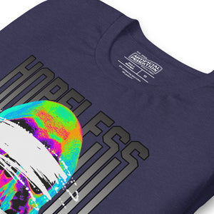 Blindfolded skull in thermal heat-map colors with bold chrome HOPELESS text, psychological horror design, Artificial Perdition apparel