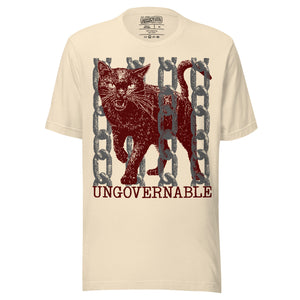 Snarling cat breaking through chains with UNGOVERNABLE text, dithered halftone red on cream, Artificial Perdition apparel