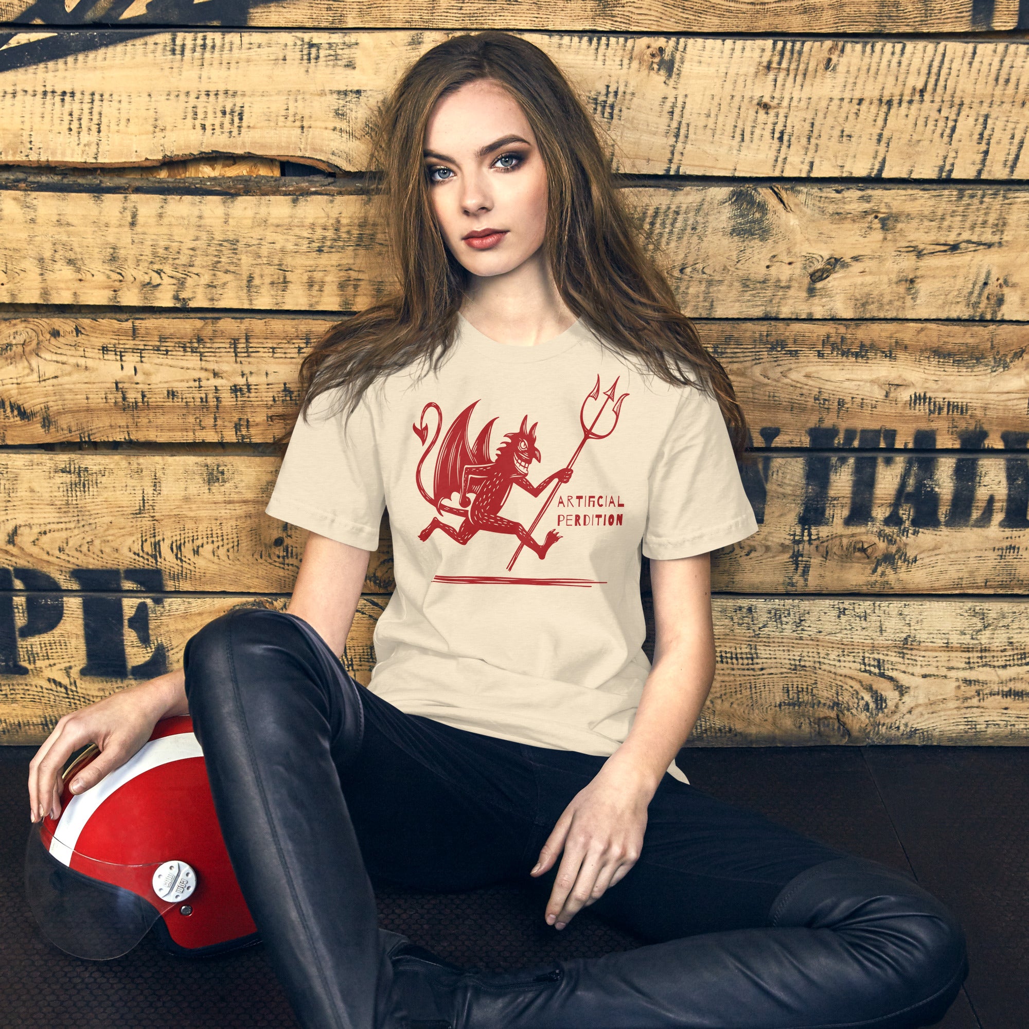 Artificial Perdition devil mascot, red illustrated devil mid-stride with trident and brand name, hand-drawn style on black, official logo tee