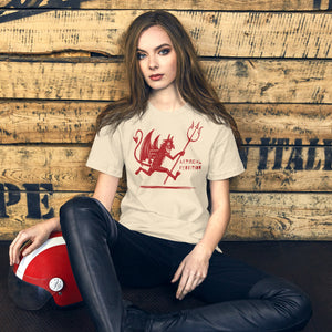 Artificial Perdition devil mascot, red illustrated devil mid-stride with trident and brand name, hand-drawn style on black, official logo tee