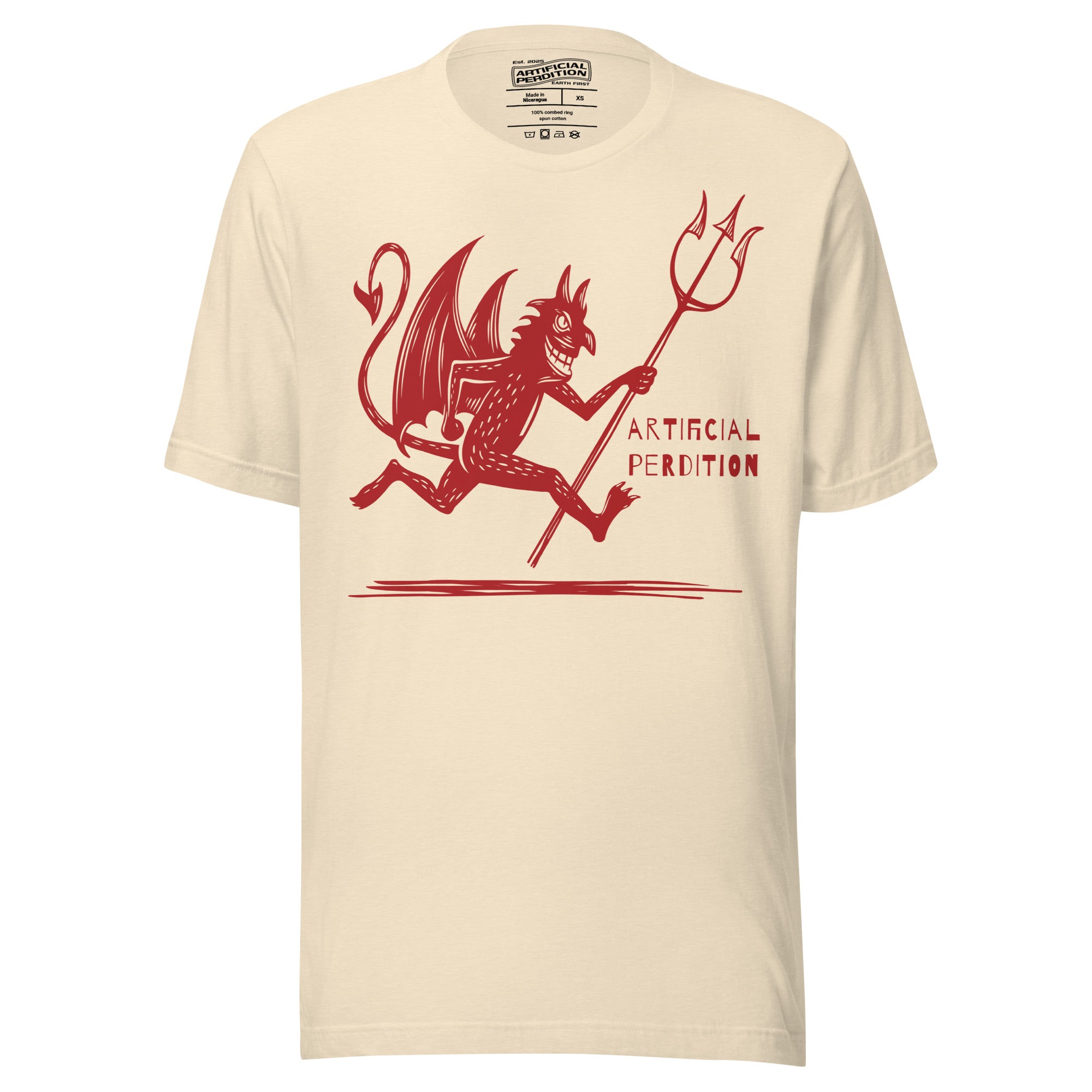 Artificial Perdition devil mascot, red illustrated devil mid-stride with trident and brand name, hand-drawn style on black, official logo tee
