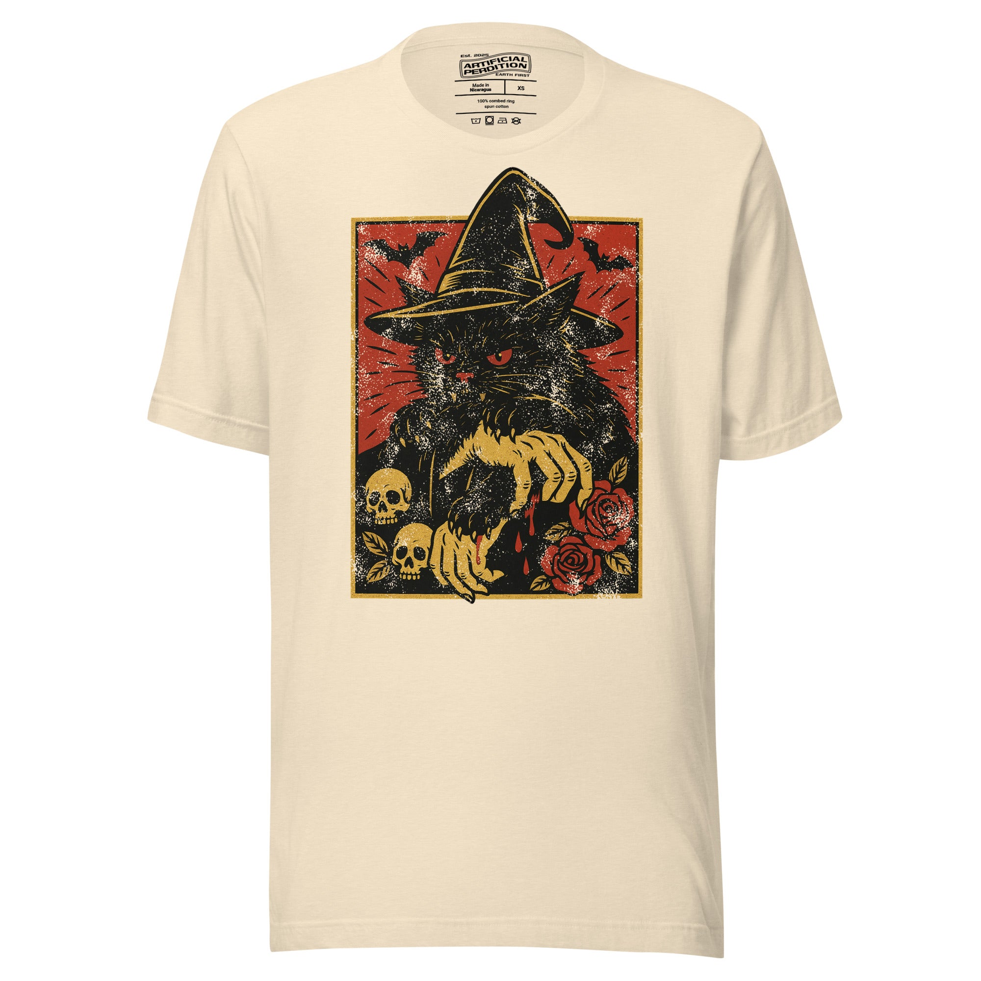 Black cat in witch hat with vampire fangs and skeletal dripping claws, skulls and roses flanking, bats in red sky, horror tattoo flash style, Artificial Perdition