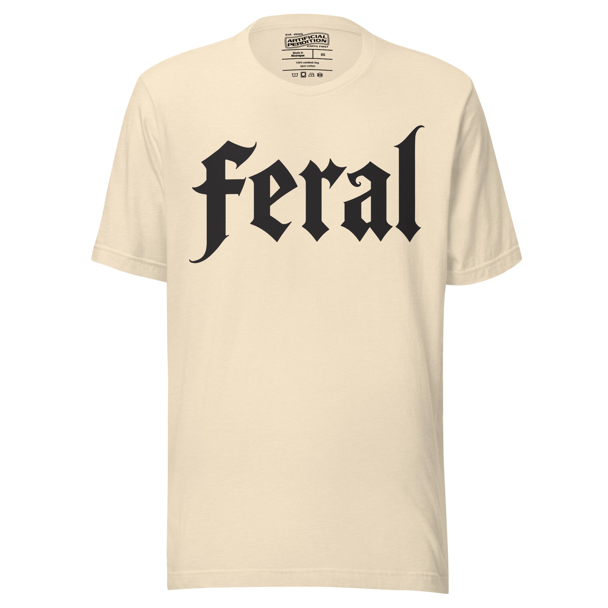 Feral in white blackletter font on dark heather grey t-shirt, bold single word graphic design, Artificial Perdition apparel