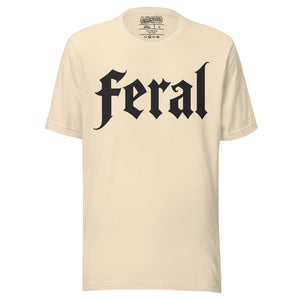 Feral in white blackletter font on dark heather grey t-shirt, bold single word graphic design, Artificial Perdition apparel