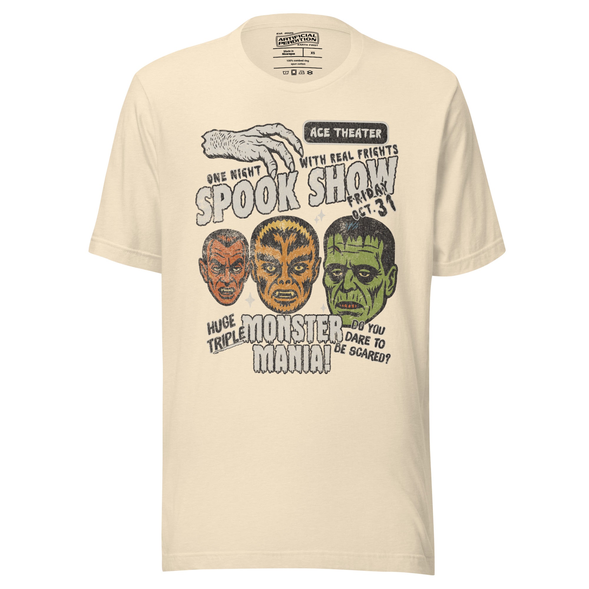 Vintage spook show poster front print with three classic monster faces, Ace Theater and Monster Mania text, distressed style on black, Artificial Perdition apparel