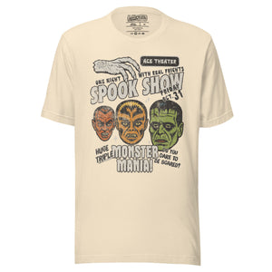 Vintage spook show poster front print with three classic monster faces, Ace Theater and Monster Mania text, distressed style on black, Artificial Perdition apparel