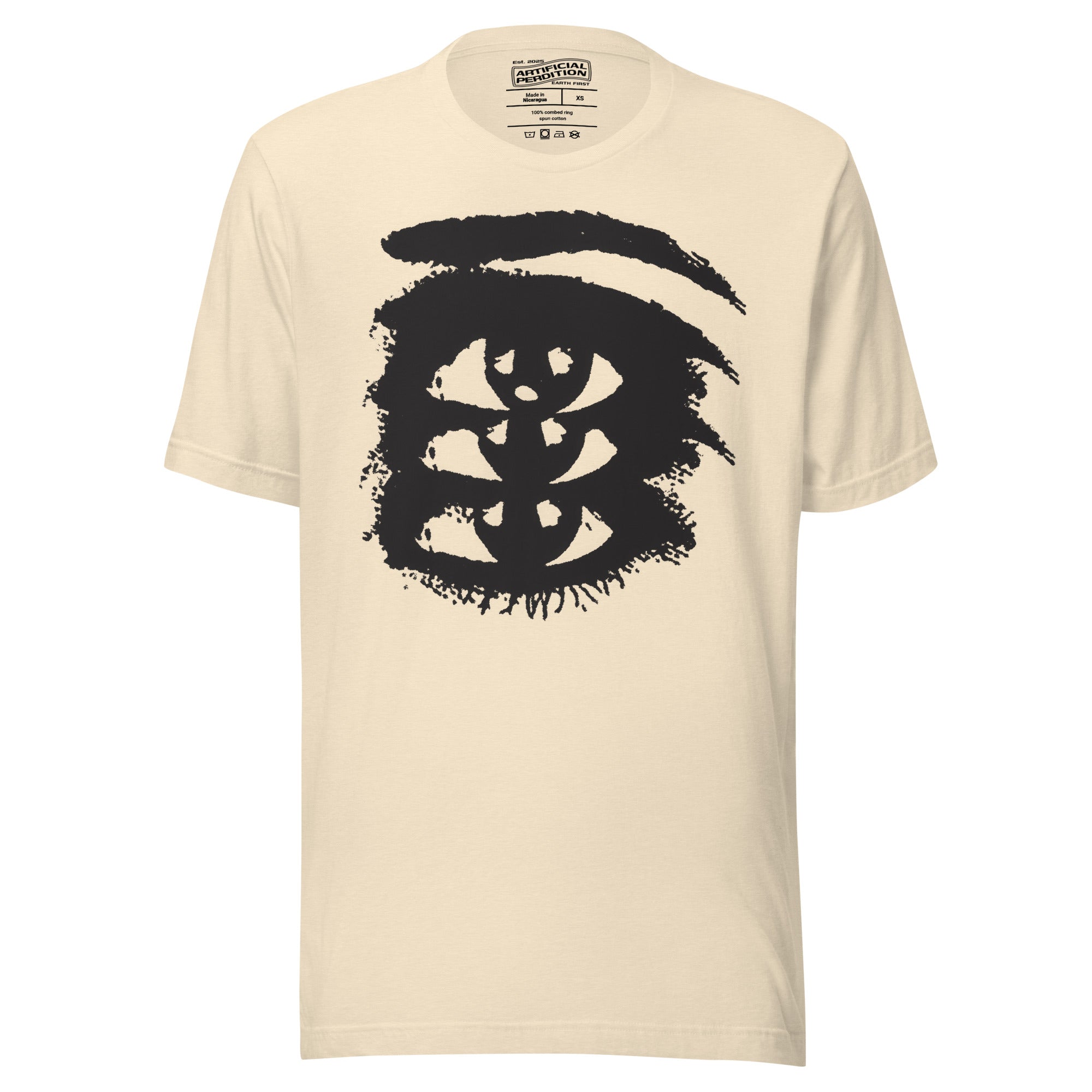 Rough ink brush stroke eye illustration in black and white, Thousand Yard Stare, high contrast graphic design, Artificial Perdition apparel