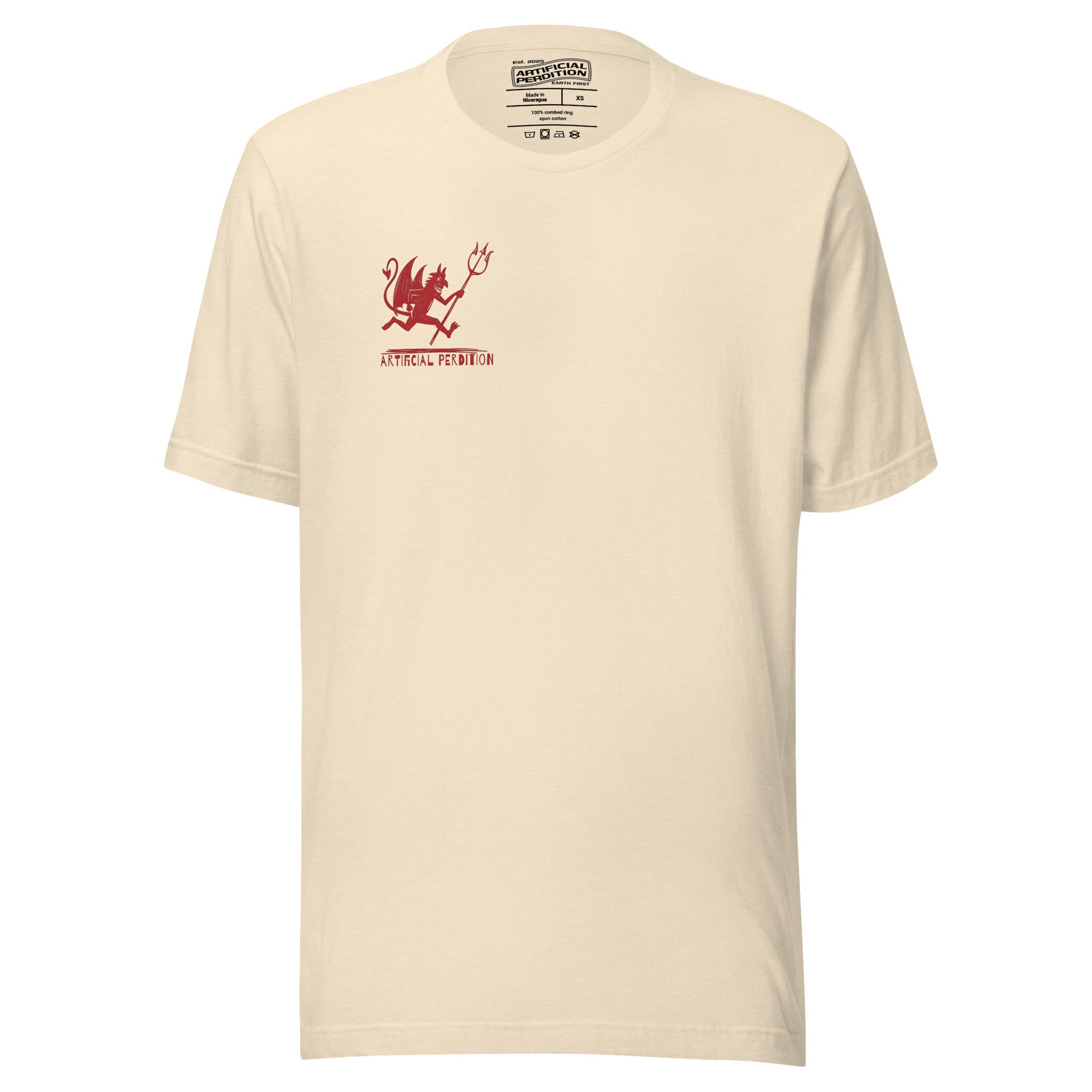Artificial Perdition devil mascot, red illustrated devil mid-stride with trident and brand name, hand-drawn style on black, official logo tee