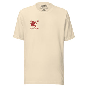 Artificial Perdition devil mascot, red illustrated devil mid-stride with trident and brand name, hand-drawn style on black, official logo tee