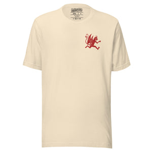 Artificial Perdition devil mascot, red illustrated devil mid-stride with trident and brand name, hand-drawn style on black, official logo tee