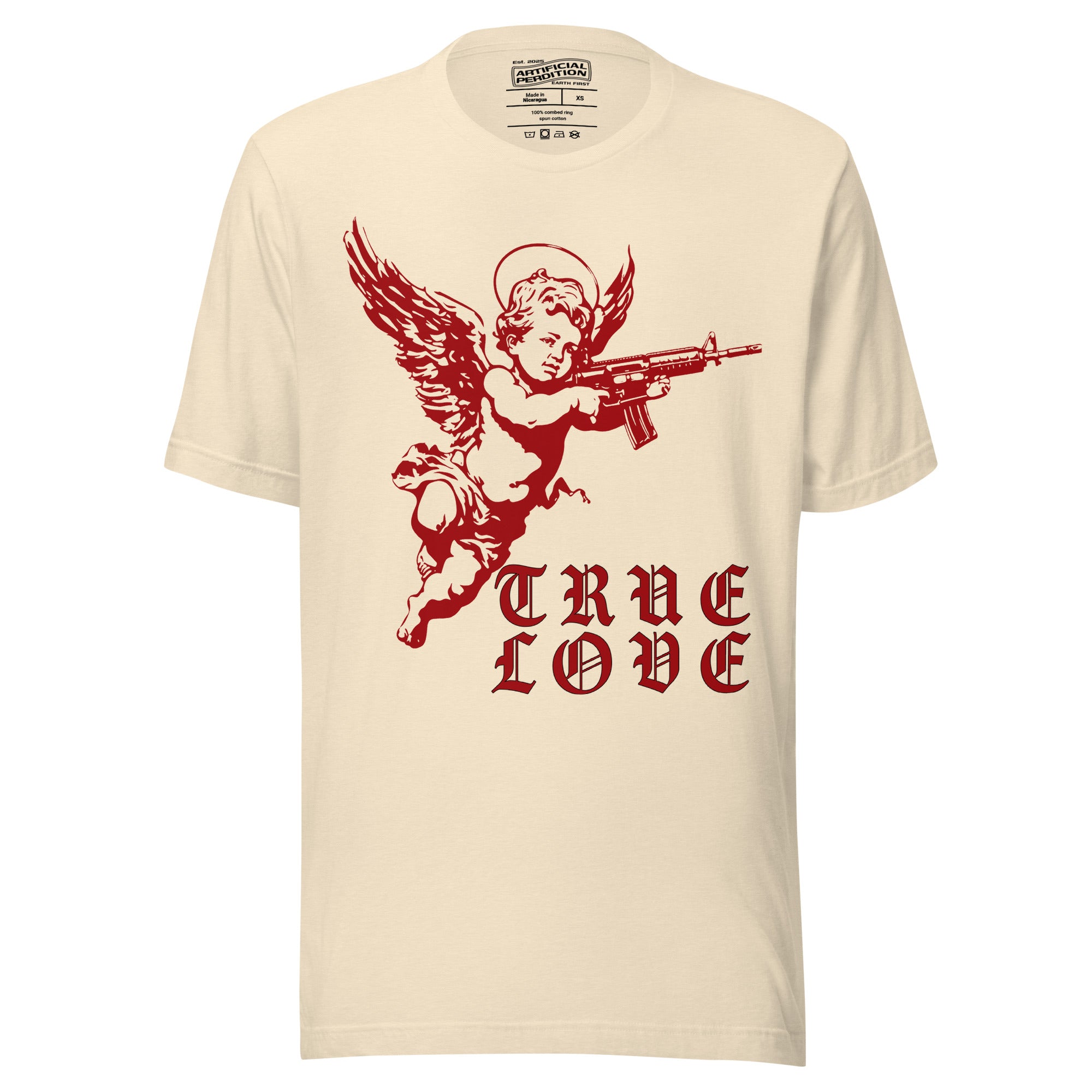 Red cherub angel with halo aiming rifle above blackletter True Love text, dark ironic tattoo flash style, Artificial Perdition apparel
