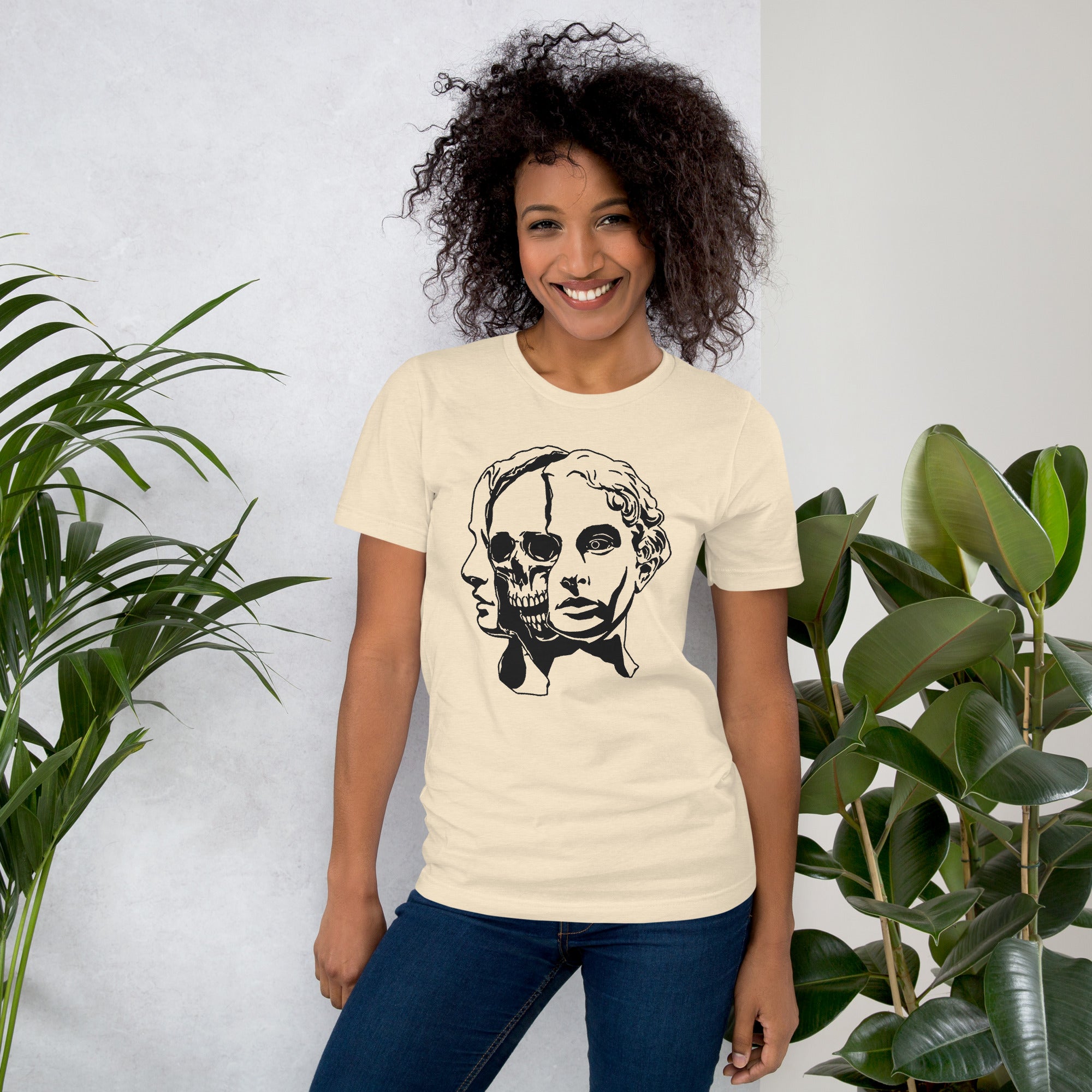Split face illustration, half classical sculpture bust and half skull, black and white high contrast, Dead Inside, Artificial Perdition apparel