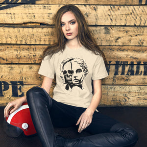 Split face illustration, half classical sculpture bust and half skull, black and white high contrast, Dead Inside, Artificial Perdition apparel