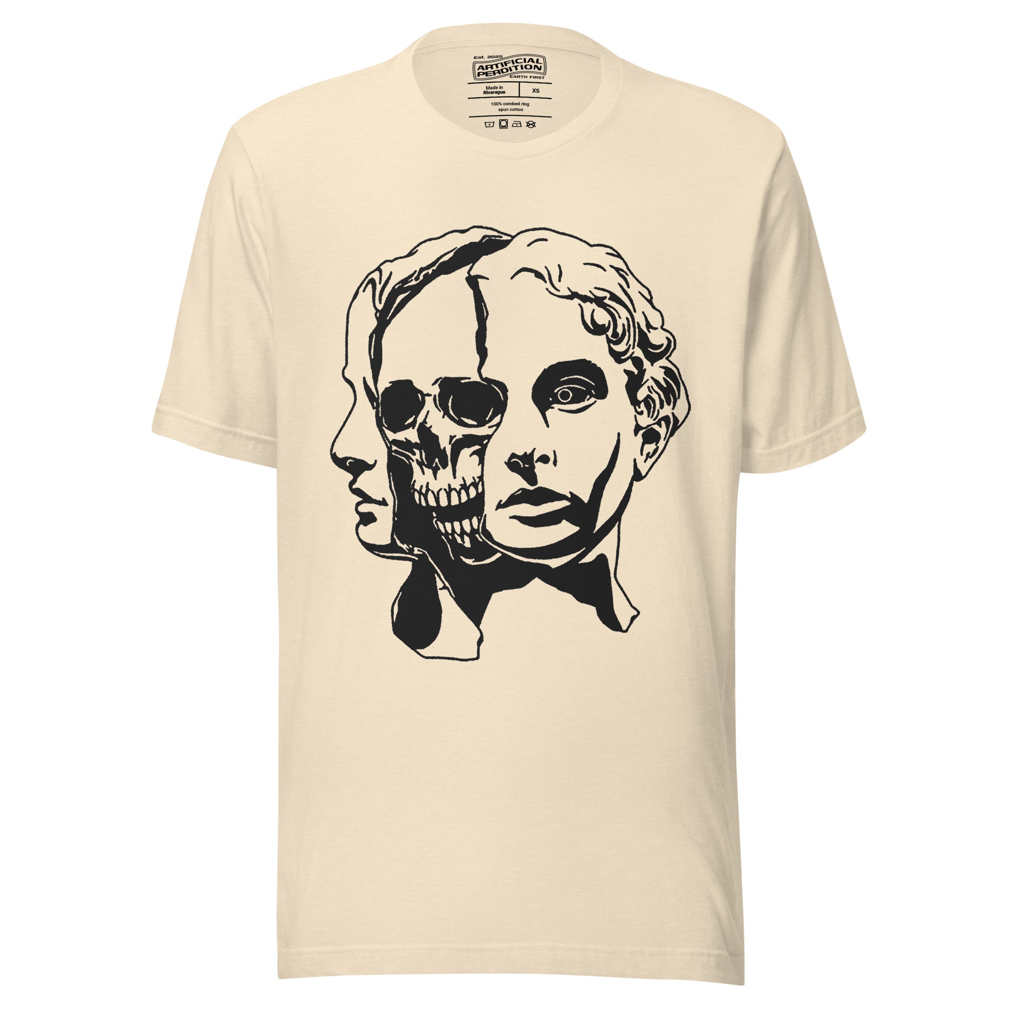 Split face illustration, half classical sculpture bust and half skull, black and white high contrast, Dead Inside, Artificial Perdition apparel