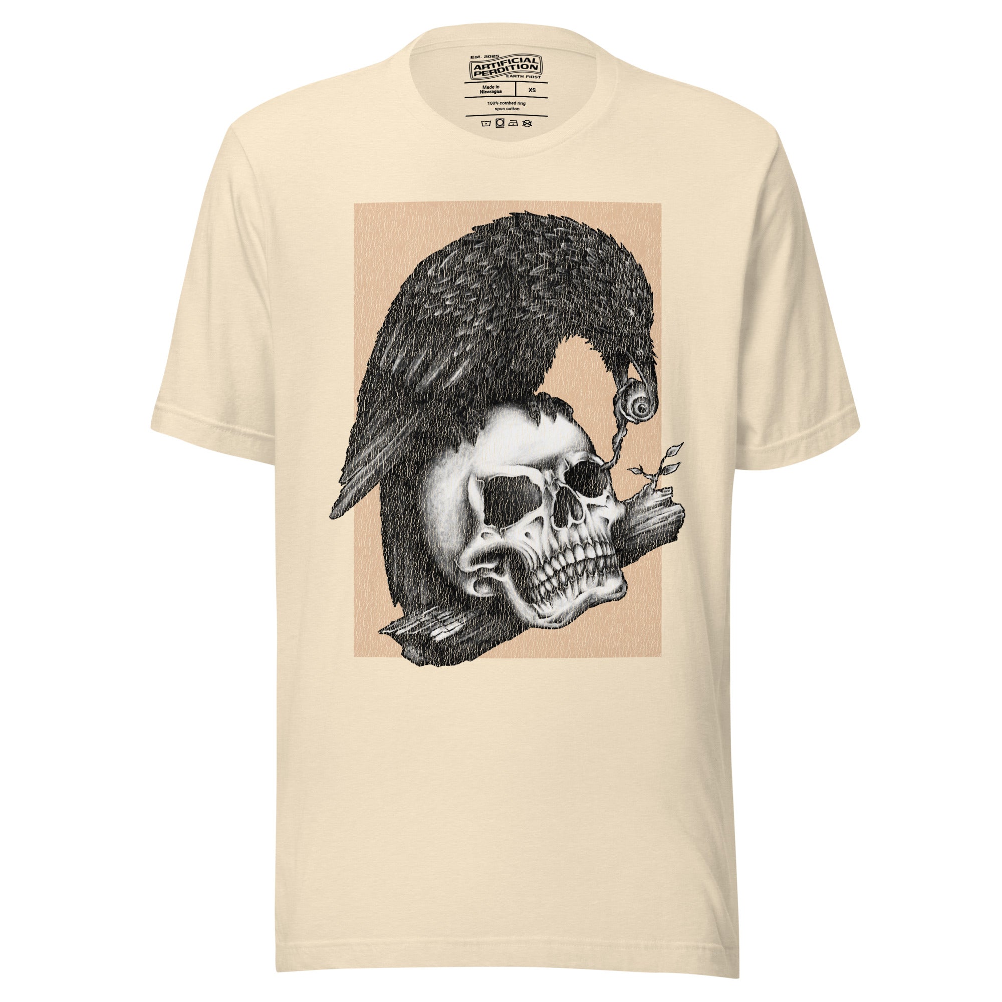Graphite illustration of a black corvid perched on a human skull removing the eye, sprouting branch beside it, Last Look, Artificial Perdition apparel