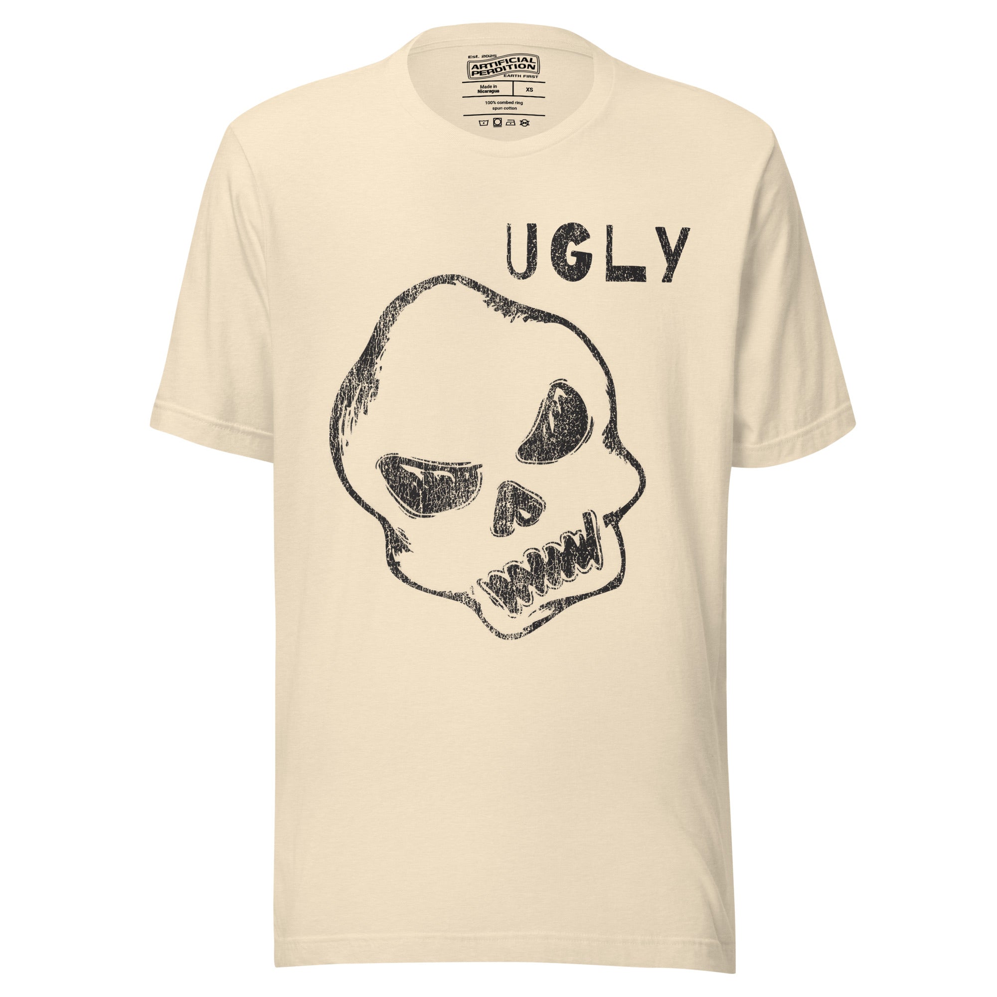 Crude hand-drawn skull with mismatched eye sockets and UGLY text in the upper corner, anti-polish graphic design, Artificial Perdition apparel